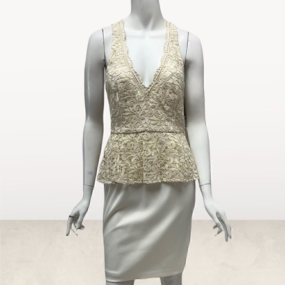 XSCAPE Ivory Gold Metallic Lace Peplum Cocktail Dress XS4722 Sleeveless 6